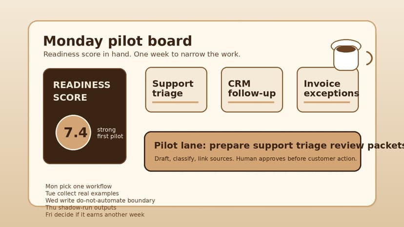 Monday pilot board showing a readiness score, candidate workflows, and a support-triage pilot lane.