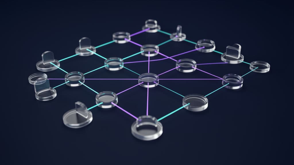Translucent glass nodes on a dark surface connected by thin cyan and violet light paths, with some paths passing through blank glass gate rings and others stopped at closed rings.