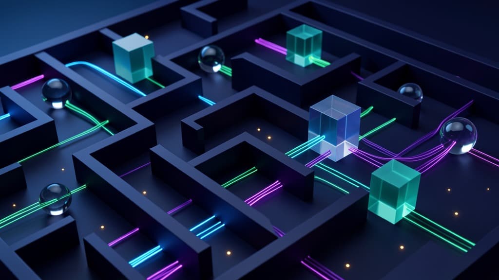 A cool-toned agent analytics operations room with abstract conversation paths, outcome checkpoints, escalation markers, and resolved work queues shown without readable text.
