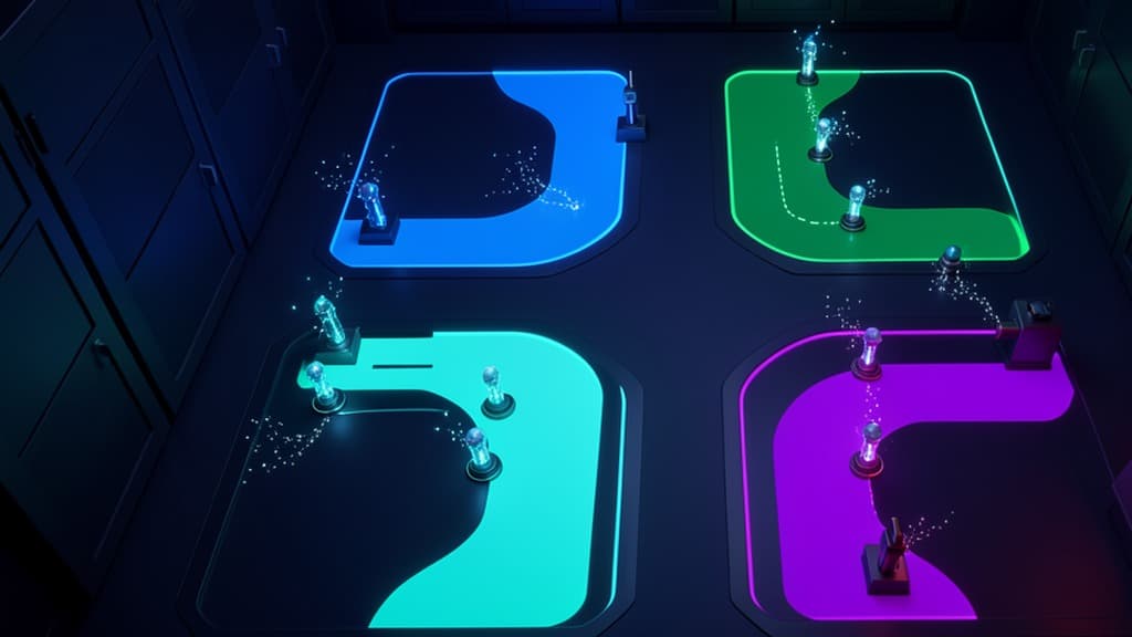 Four abstract glowing agent workflow paths with silent checkpoints in a cool blue, cyan, green, and violet security palette.