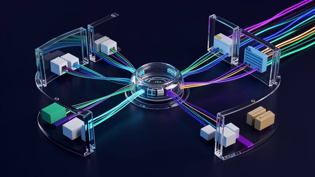Cool-toned abstract evidence trails passing through transparent security gates into a sealed telemetry core.