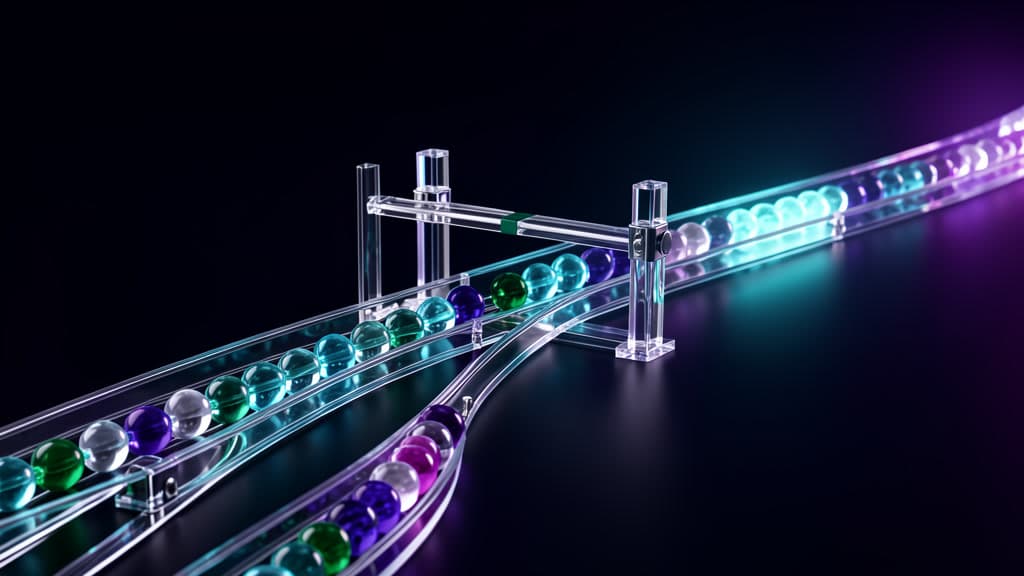 A textless glass evaluation budget curve with glowing beads moving along transparent rails toward a stop gate, with some paths continuing past the cap.