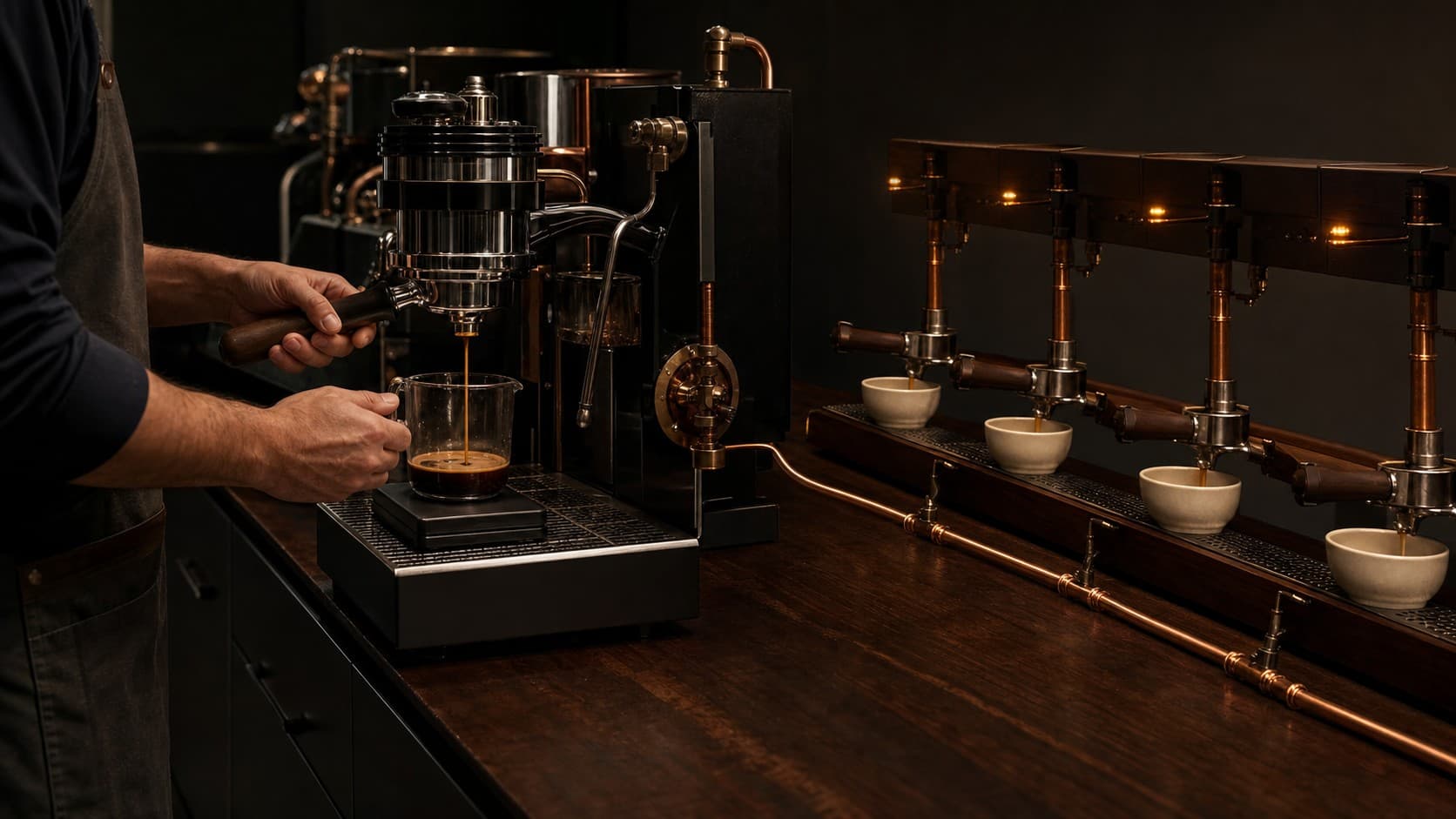 A person in an apron holds a portafilter and a glass under a stream of coffee beside four matching brewing stations with cups beneath them.