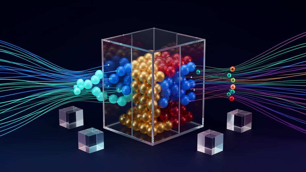 Transparent glass agent firewall cube sorting glowing production traffic into pass, pause, and block paths.