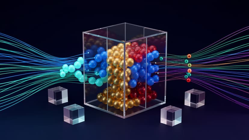 Transparent glass agent firewall cube sorting glowing production traffic into pass, pause, and block paths.