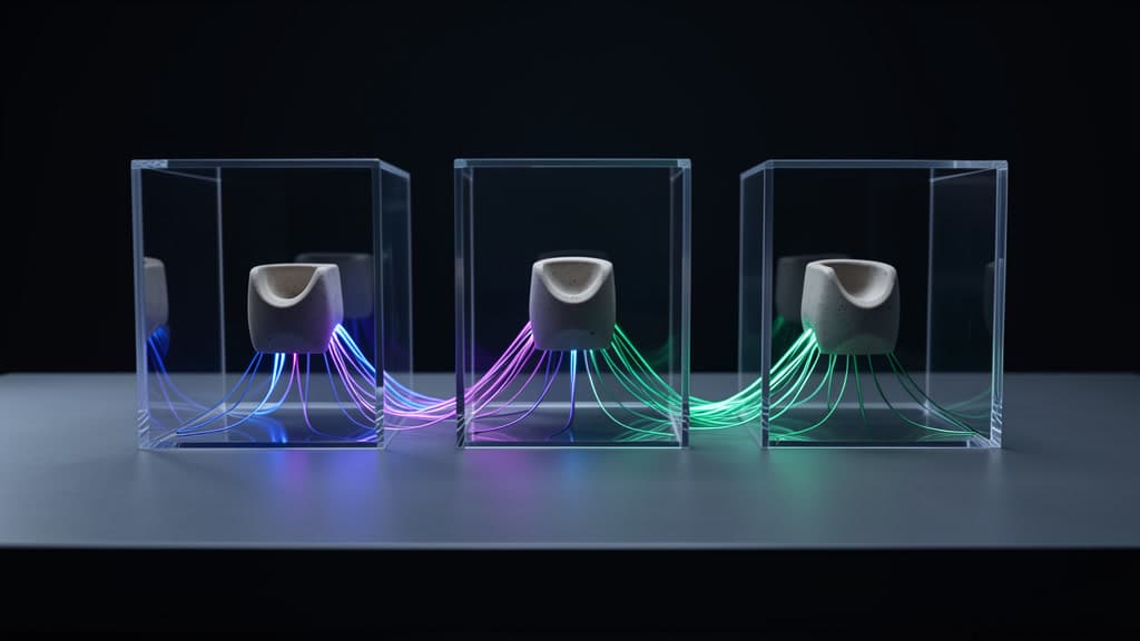 Three transparent glass test chambers connected by blue, violet, and green light paths, representing compile, deploy, and behavior gates for agent-led Java migration.