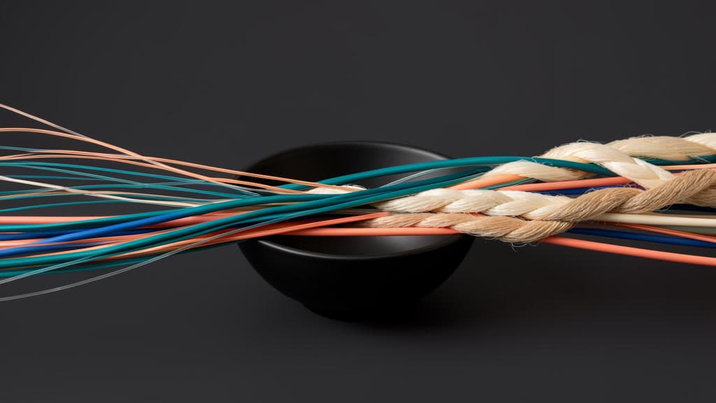 Thin teal, coral, blue, and ivory fibers merge into a thick ivory braided rope above a plain black bowl against a charcoal background.