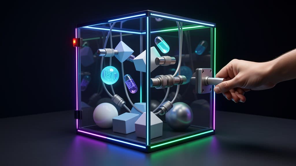 Cool-toned operations scene showing a human approval checkpoint around AI workflow artifacts inside a translucent security boundary.
