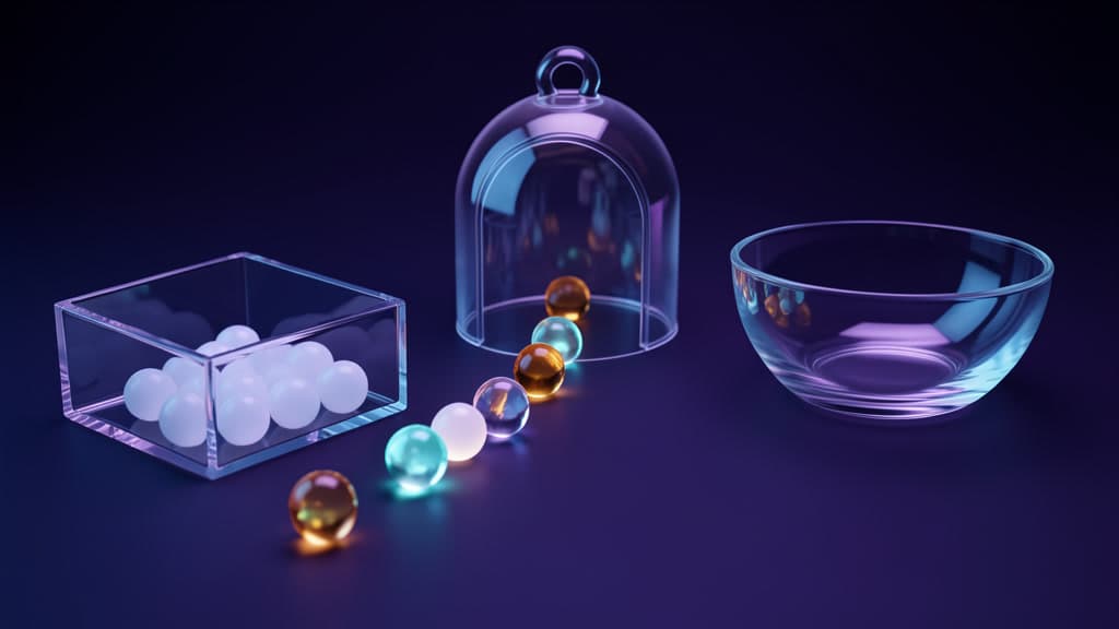 A glass inbox tray feeds a glowing path into a translucent quarantine chamber, with a separate public-output gate beyond it and small glass beads representing input, private context, and public replies.
