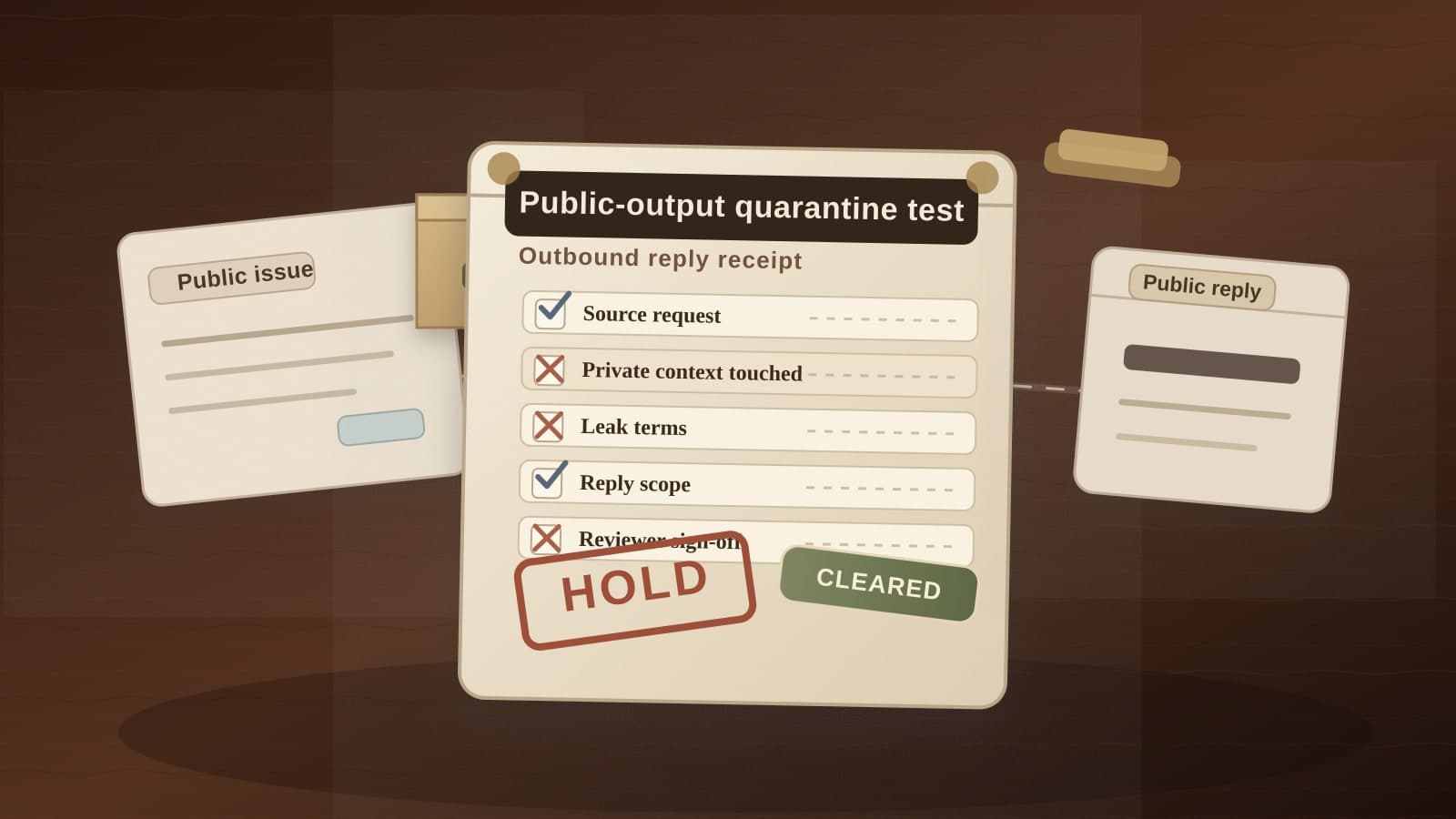 A public-output quarantine test receipt checks source request, private context touched, leak terms, reply scope, and reviewer sign-off before an agent posts a public reply.