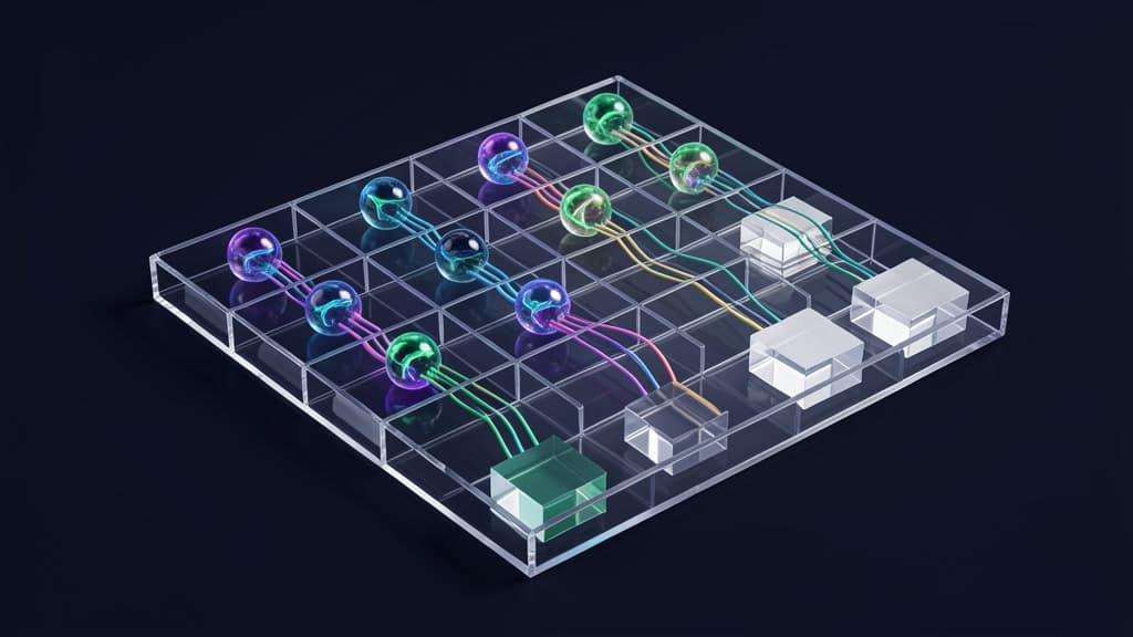 Transparent specimen tray holding glowing abstract agent objects in separate compartments, with fiber-optic paths leading to blank control blocks.