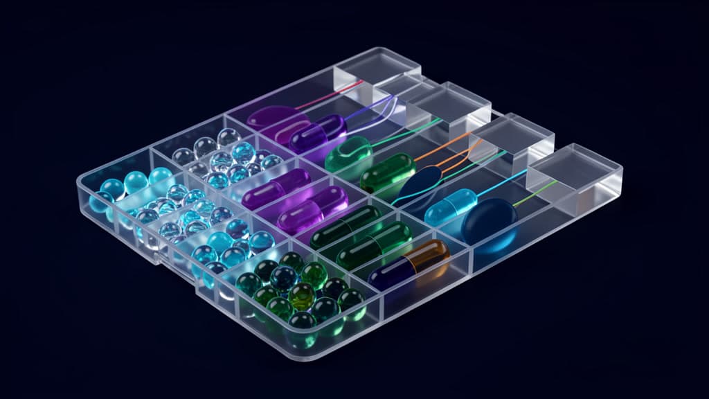 Cool-toned glass specimen tray with glowing abstract agent objects sorted into compartments before reaching blank control blocks.