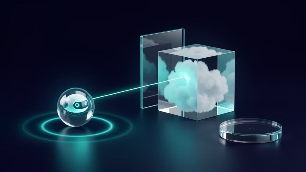 Cool-toned studio scene with a small agent orb sending a narrow light path through a glass gate into a cloud-filled deployment cube, with a separate claim pedestal nearby.