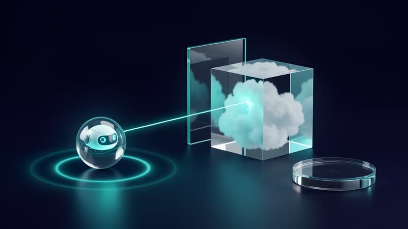 Cool-toned studio scene with a small agent orb sending a narrow light path through a glass gate into a cloud-filled deployment cube, with a separate claim pedestal nearby.