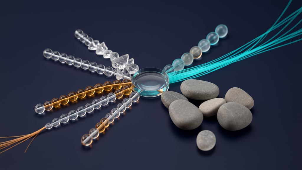 Clear glass beads, amber beads, fractured shards, smooth stones, and light paths converge into one review lens, representing mixed agent training data becoming an approval decision.