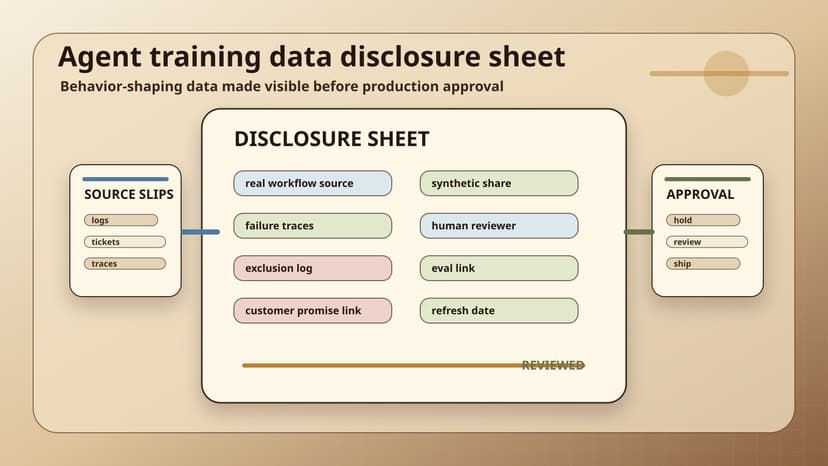 An agent training data disclosure sheet records source data, synthetic share, failure traces, reviewer, exclusion log, eval link, customer promise link, and refresh date before approval.