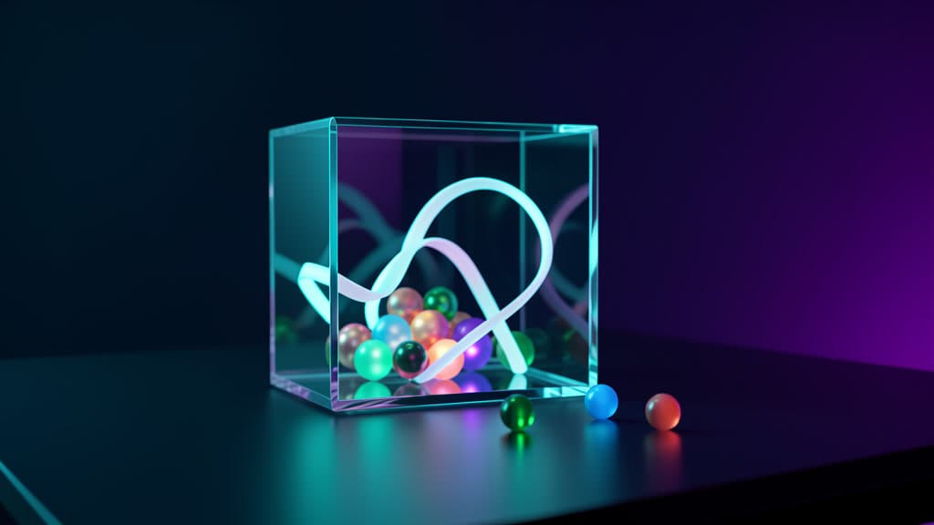 A sealed glass cube holds abstract glowing execution tokens inside a controlled runtime boundary.