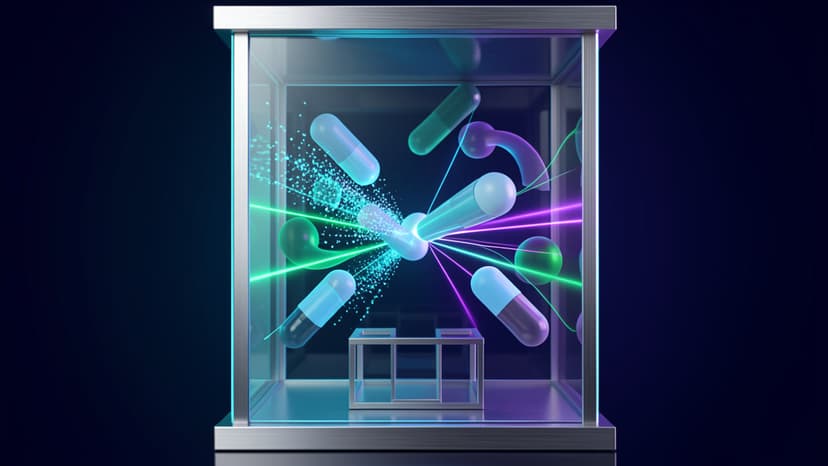 Cool-toned glass runtime chamber containing abstract glowing execution tokens inside a controlled sandbox boundary.