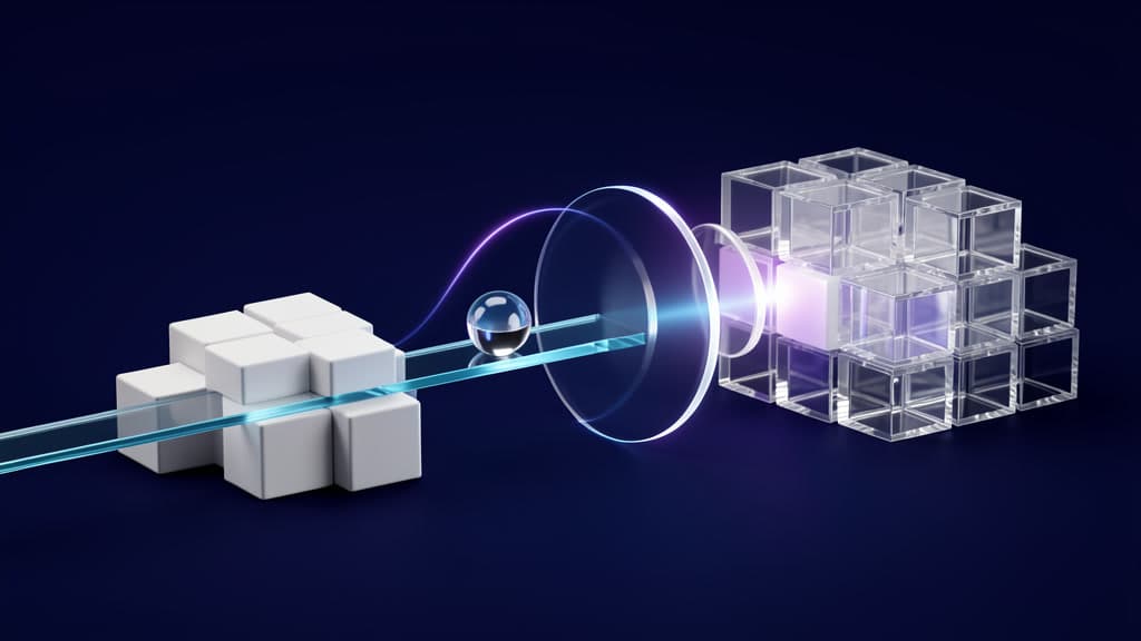 A dim git-commit rail splits at a translucent gate into two paths — one carrying a small sealed glass capsule toward a second archive, the other looping back through a narrow reviewing lens — cool tones, no text, logos, or UI.