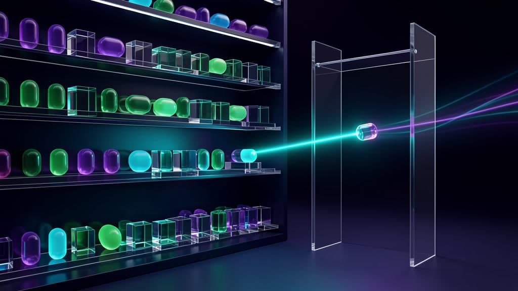A physical capability shelf in a dark studio with glowing resource capsules arranged by type, a single search beam selecting one capsule as it passes through a gate, in a navy, cyan, emerald, and violet palette.