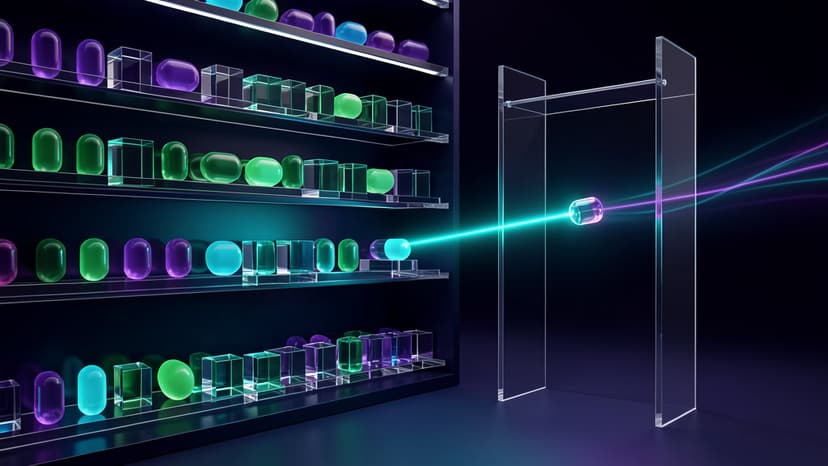 A physical capability shelf in a dark studio with glowing resource capsules arranged by type, a single search beam selecting one capsule as it passes through a gate, in a navy, cyan, emerald, and violet palette.