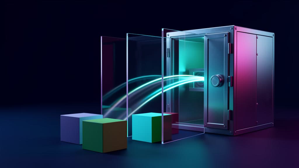 Cool-toned studio scene of blank policy tokens passing through glass repository gates into a sealed code vault.