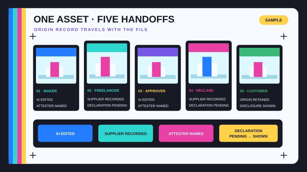 An illustrative contact sheet follows one creative asset through maker, freelancer, approver, platform declaration, and customer disclosure while an AI-edited origin record stays attached to each version.