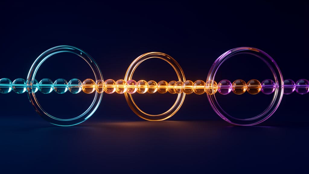 Cyan, amber, and violet glass beads cross three upright transparent rings along a glowing horizontal line on a dark blue background.