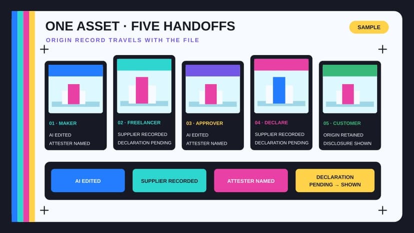 An illustrative contact sheet follows one creative asset through maker, freelancer, approver, platform declaration, and customer disclosure while an AI-edited origin record stays attached to each version.