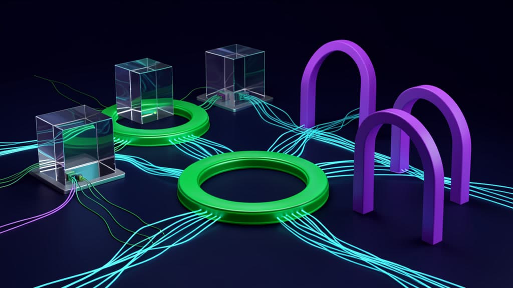 Abstract glass nodes and glowing gates representing routed AI agent capabilities