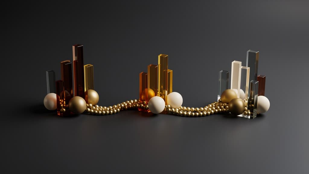 Three polished arrangements of glass bars and gold spheres emerge from the same stream of beads, showing how one dataset can support different visual conclusions.