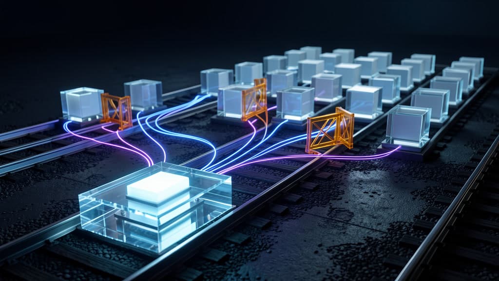 A single glowing glass repository block sends branching light paths across a dark rail yard toward rows of sealed, unlit blocks paused behind small amber gates.