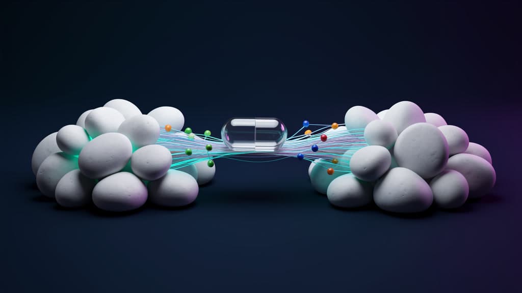 A glass handoff capsule bridges two blank workflow clusters with colored checkpoint beads and fiber paths.