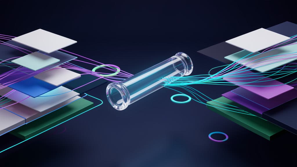 A glass workflow capsule carrying blank context blocks between two connected handoff lanes.