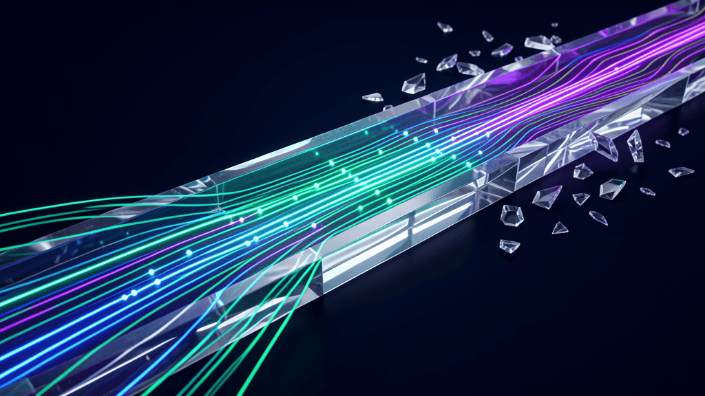 Structured signal streams flowing through a crystalline routing channel while fragmented web-page shards fall away.