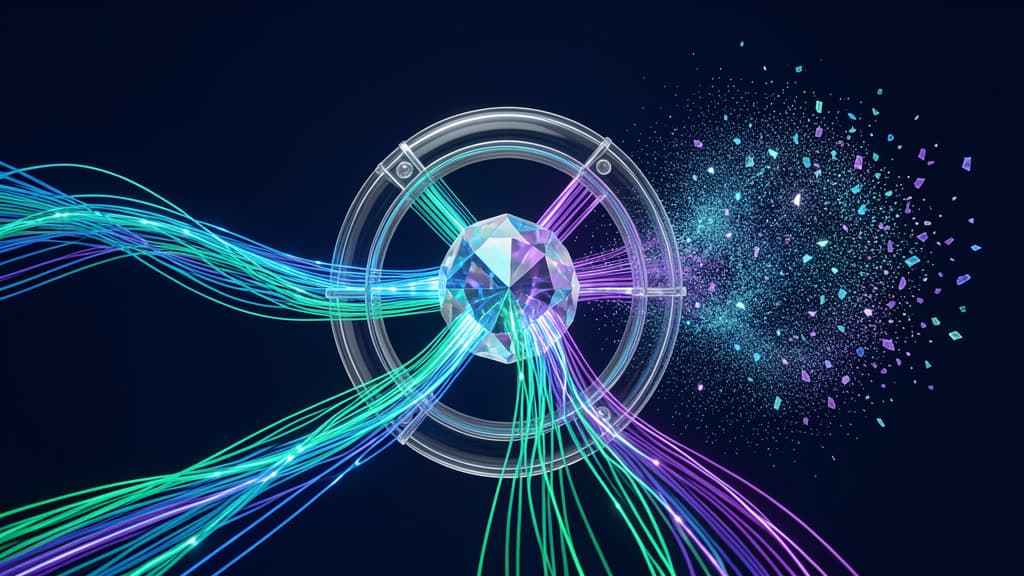 Cool-toned editorial scene of structured signal streams flowing through a crystalline routing gate without readable text.