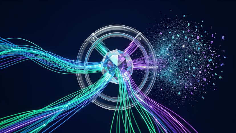 Cool-toned editorial scene of structured signal streams flowing through a crystalline routing gate without readable text.