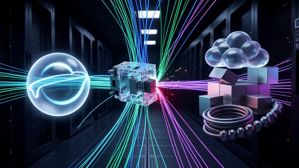 A glass circuit breaker cuts glowing agent workflow streams before they reach cloud and API resources.