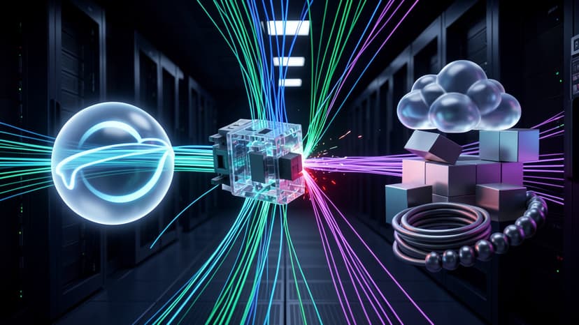 A glass circuit breaker cuts glowing agent workflow streams before they reach cloud and API resources.