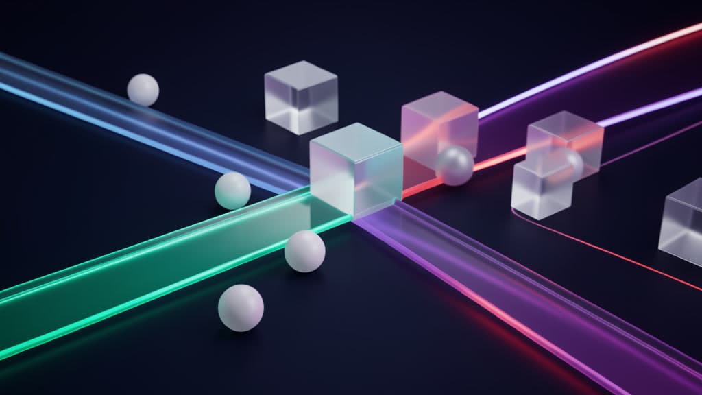 Cool-toned abstract workflow paths moving through glass checkpoints and stop boundaries.