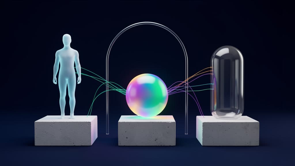 Abstract human and agent work tokens connected through a clear checkpoint arch toward a sealed evidence capsule.