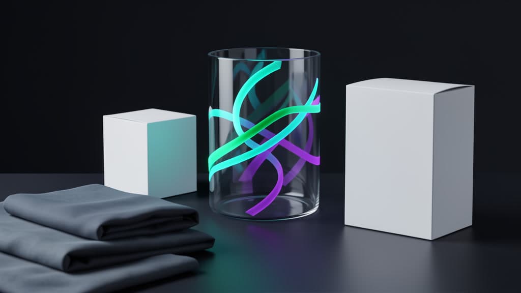 Blank product objects and fabric samples passing through a transparent AI evaluation lens.