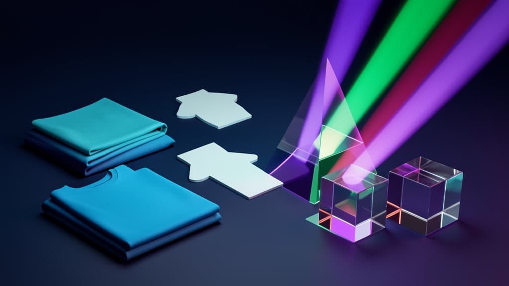 Cool-toned editorial image of blank product objects and fabric samples being evaluated by glowing AI signal beams.