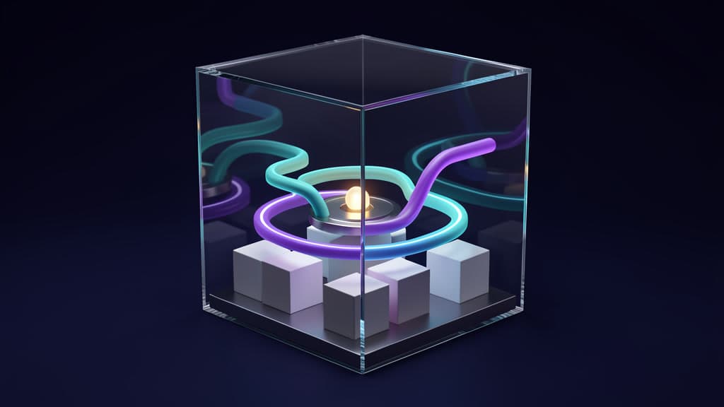 A transparent glass simulation harness with glowing workflow paths, blank endpoint blocks, and a contained test zone.