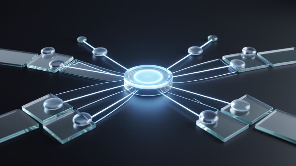 Cool-toned glass tiles and nodes connect to a central policy light, representing managed AI app settings across a Mac fleet.