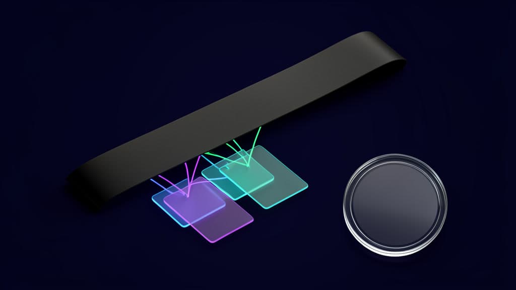 Cool-toned studio scene of blank layered footer tags trailing a single commit strip, with no readable text.