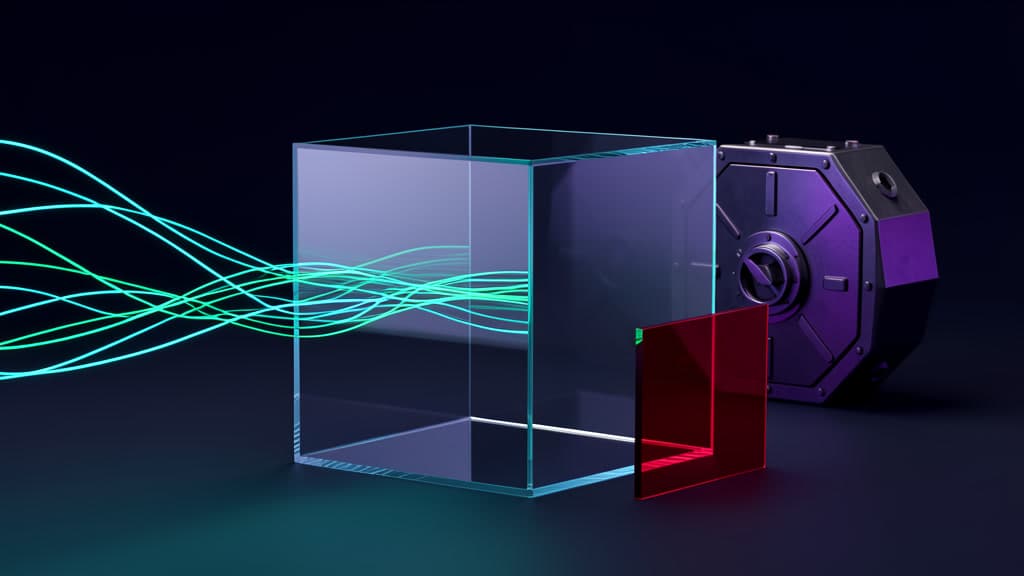 A dark studio holding a blank glass cube, thin glowing evidence threads entering it from one side, a small blank red glass barrier just outside the cube, and a sealed vault shape behind it, in a navy, cyan, emerald, and violet palette with no text.