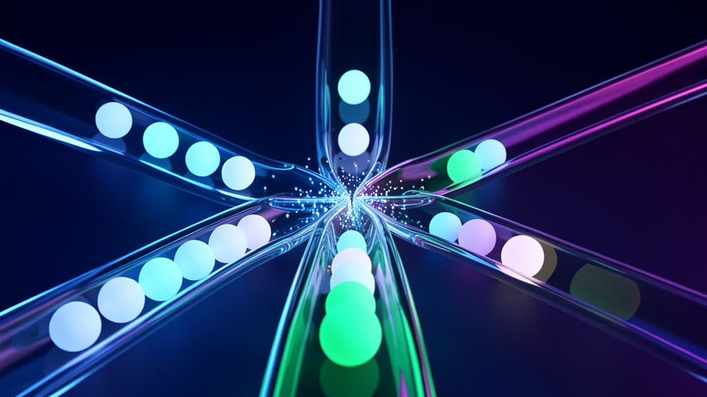 Abstract approval lanes with AI drafts flowing toward human review checkpoints