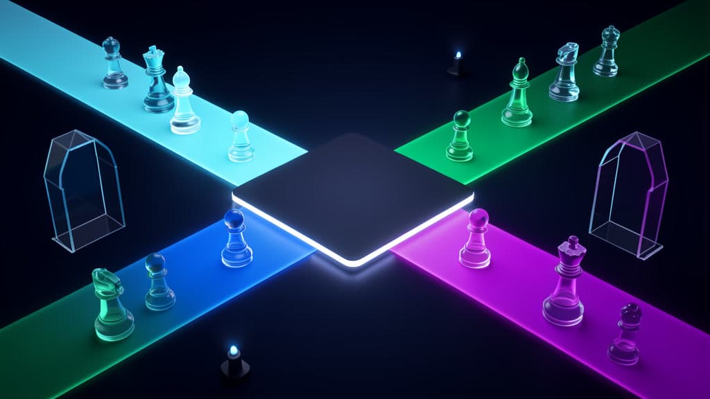 Abstract review lanes with separate AI reviewers converging on one blank pull request artifact.