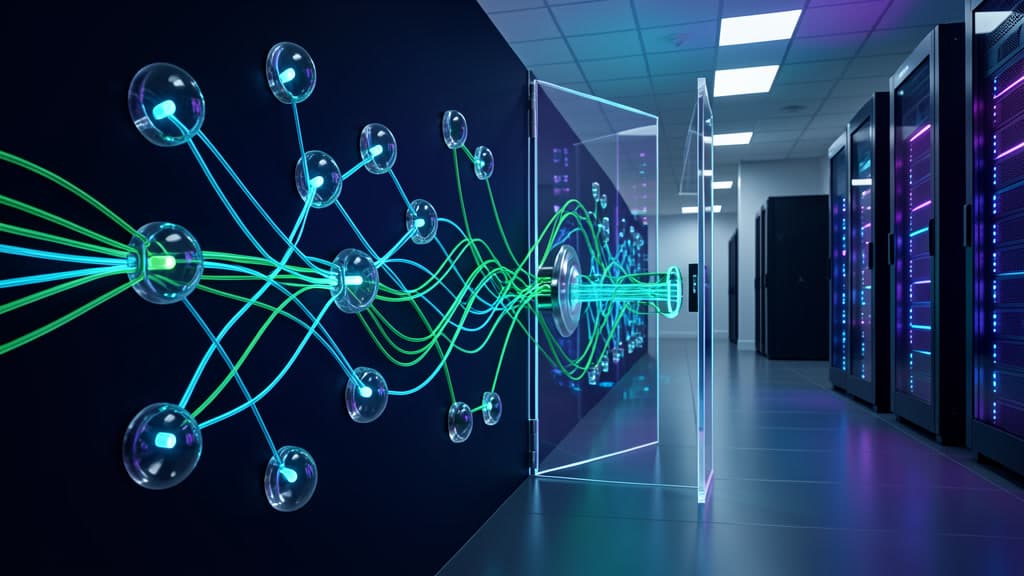Cool-toned software supply chain paths passing through a transparent review gate before reaching sealed production systems.